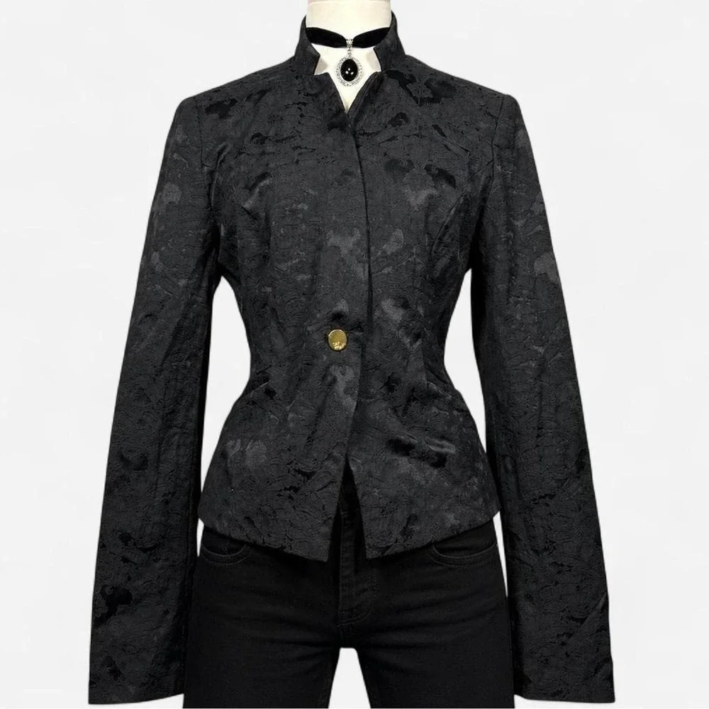 Vintage Y2K GUESS Black Floral Jacquard Blazer Jacket Stand Collar Womans M Goth
